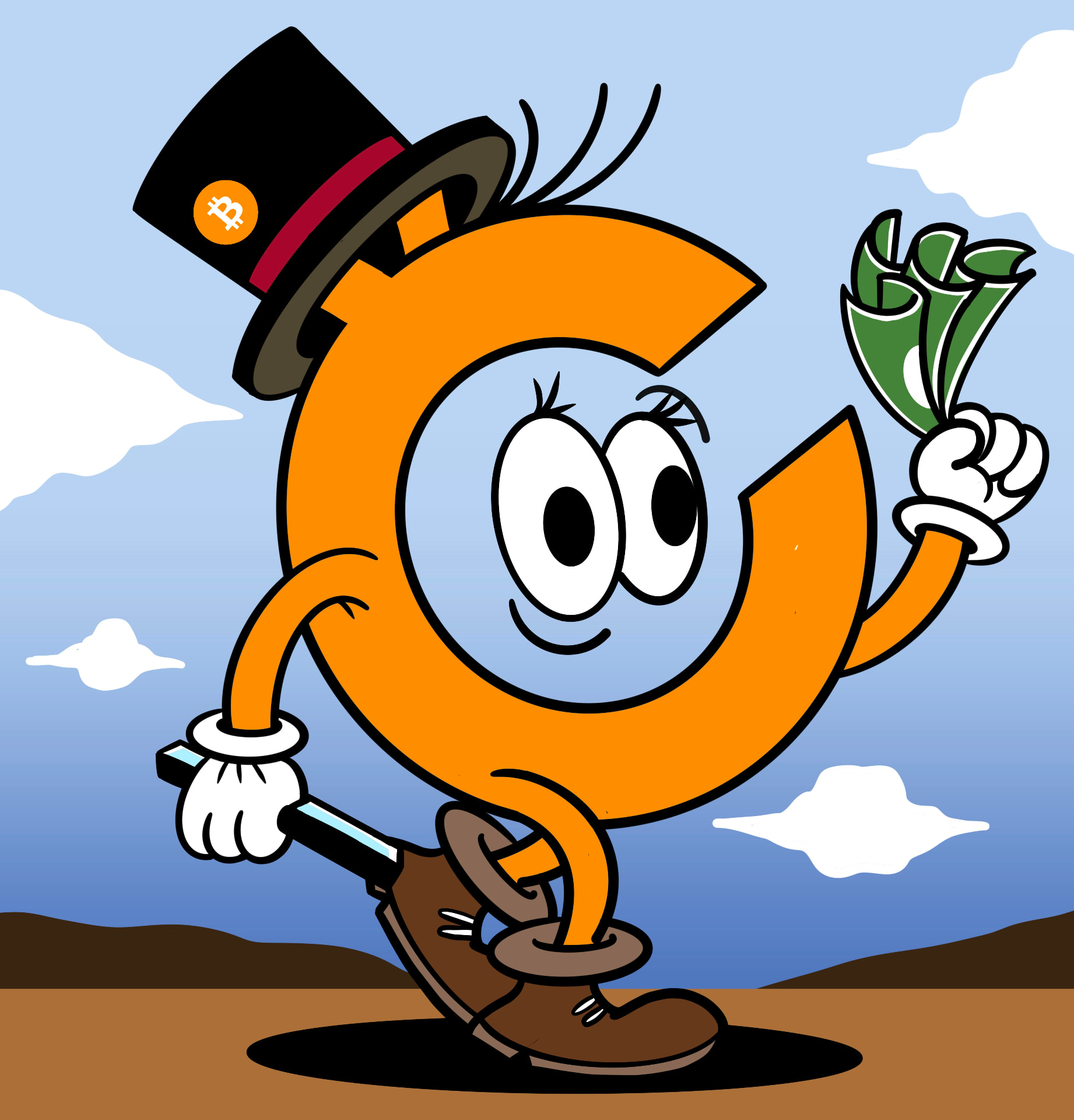 Maskot CryptoCash Service Bali membawa uang tunai